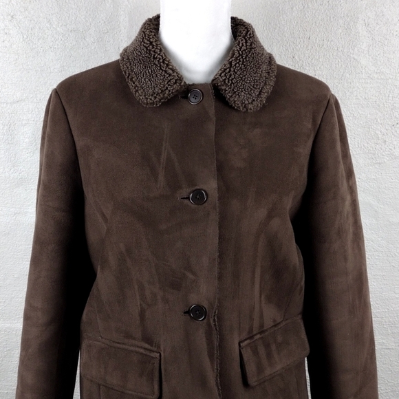 Lands' End Brown Faux Suede Leather Collared Button Up Long Sleeve Winter Coat - Picture 2 of 13